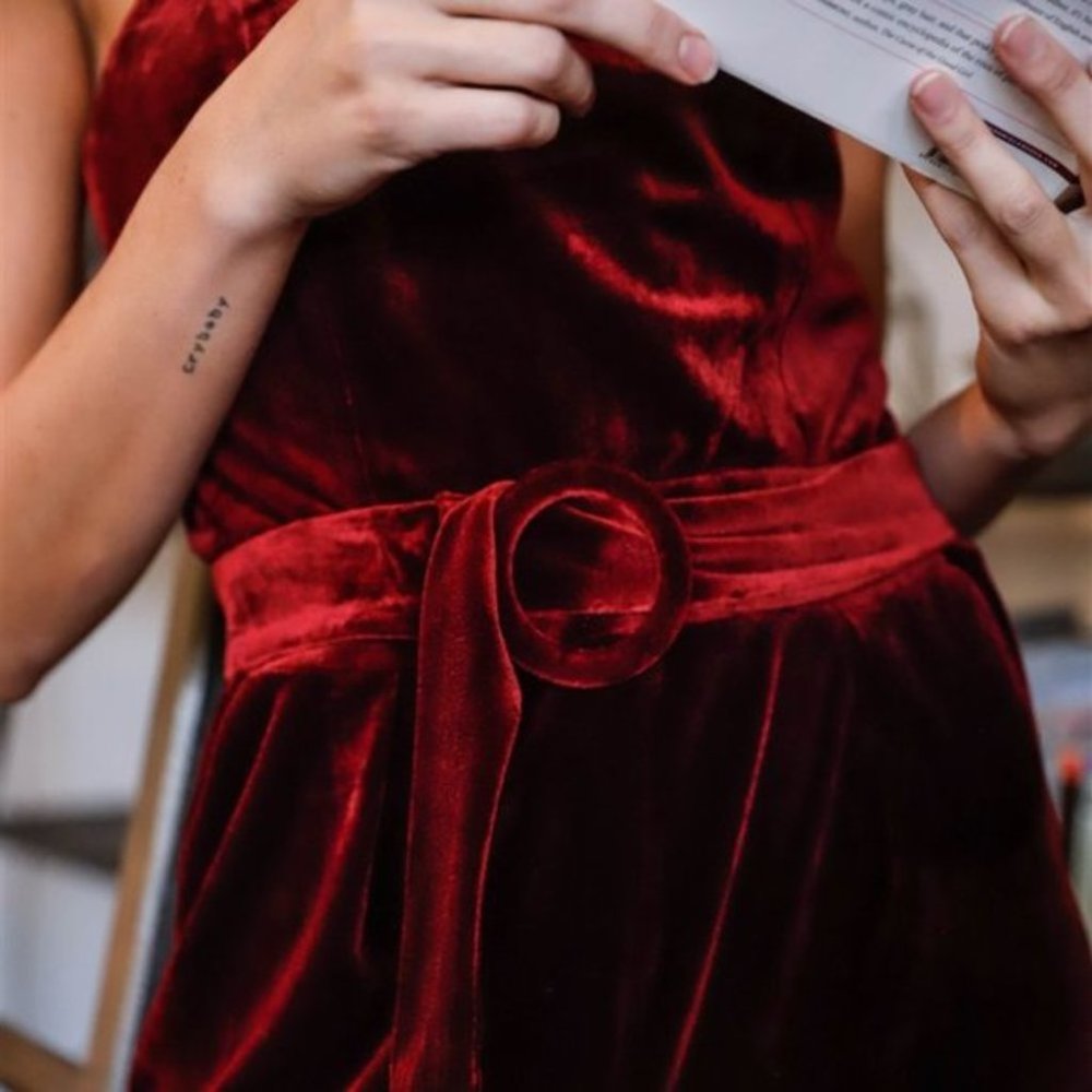 boho burgundy Strapless Front Buckle Belt Jumpsuit - Picture 5 of 7